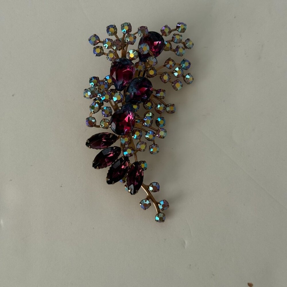 Vintage Gold-Tone Rhinestone Cluster Brooch Purple & Iridescent Crystals